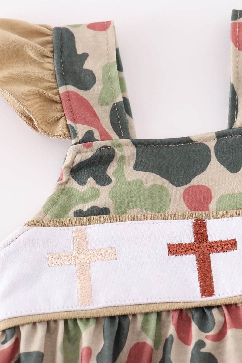 Camouflage bubble romper with cross embroidery, perfect for playful outdoor adventures.