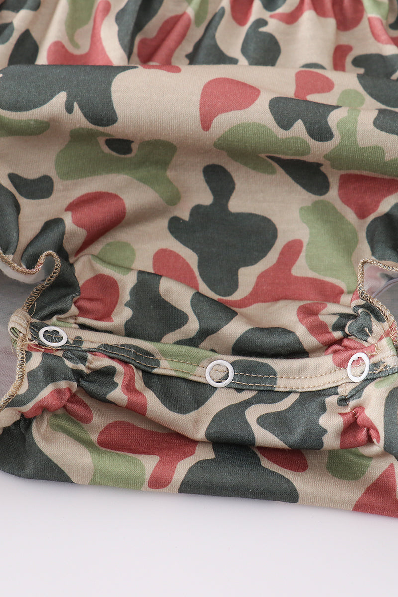 Camouflage bubble romper with cross embroidery, perfect for playful outdoor adventures.