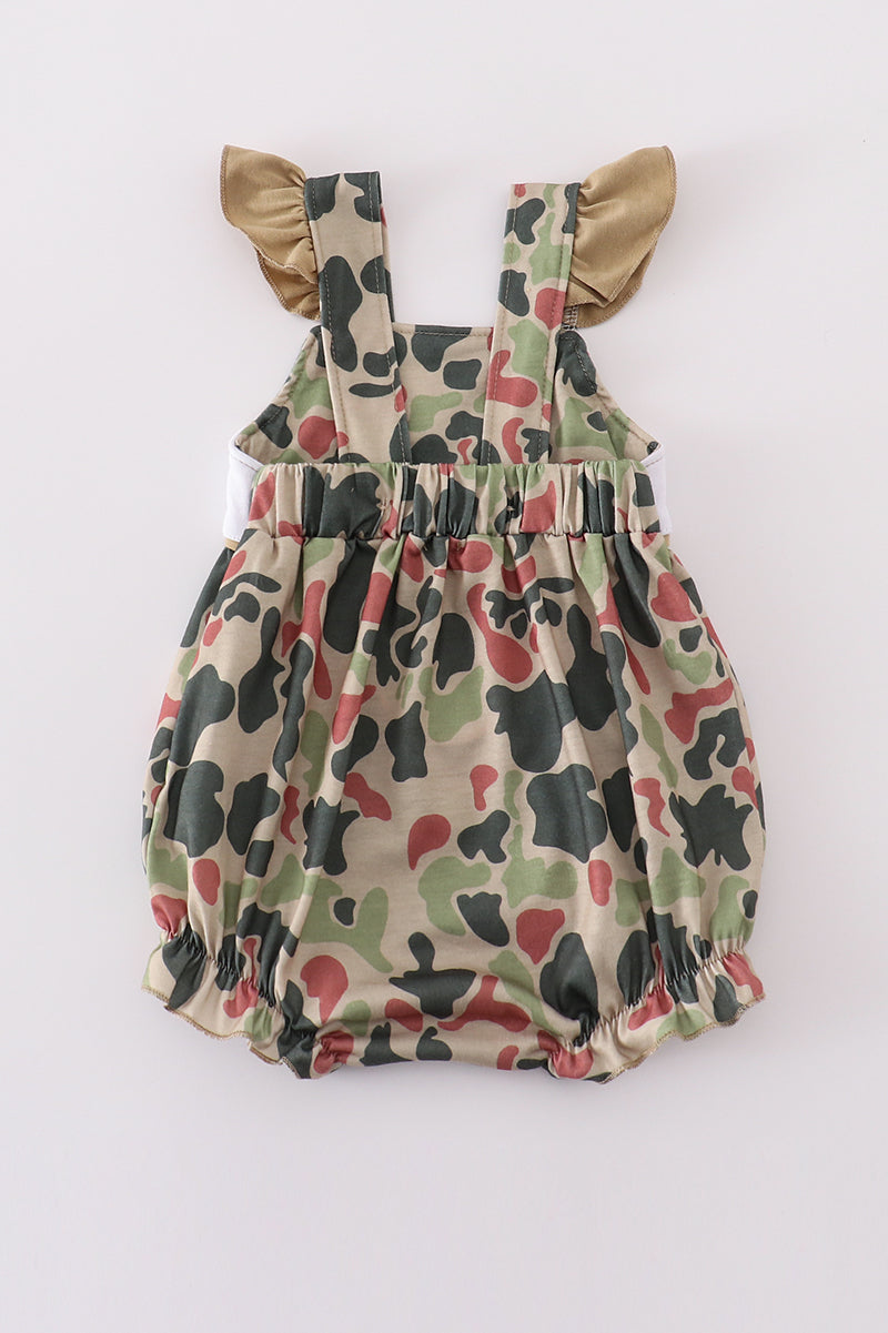 Camouflage bubble romper with cross embroidery, perfect for playful outdoor adventures.