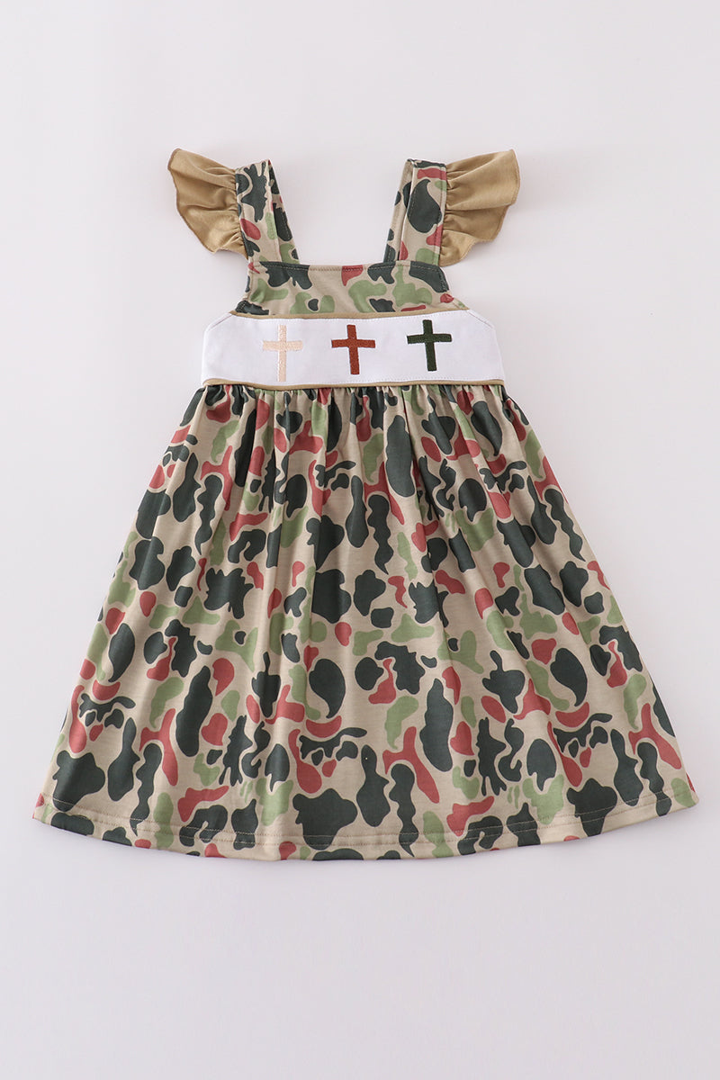Camouflage cross embroidery dress with playful patterns, perfect for adventurous kids.
