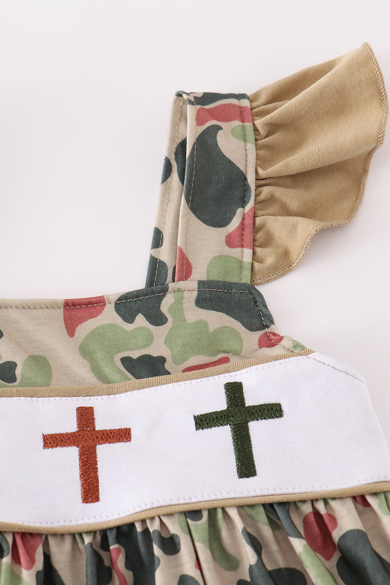 Camouflage cross embroidery dress with playful patterns, perfect for adventurous kids.