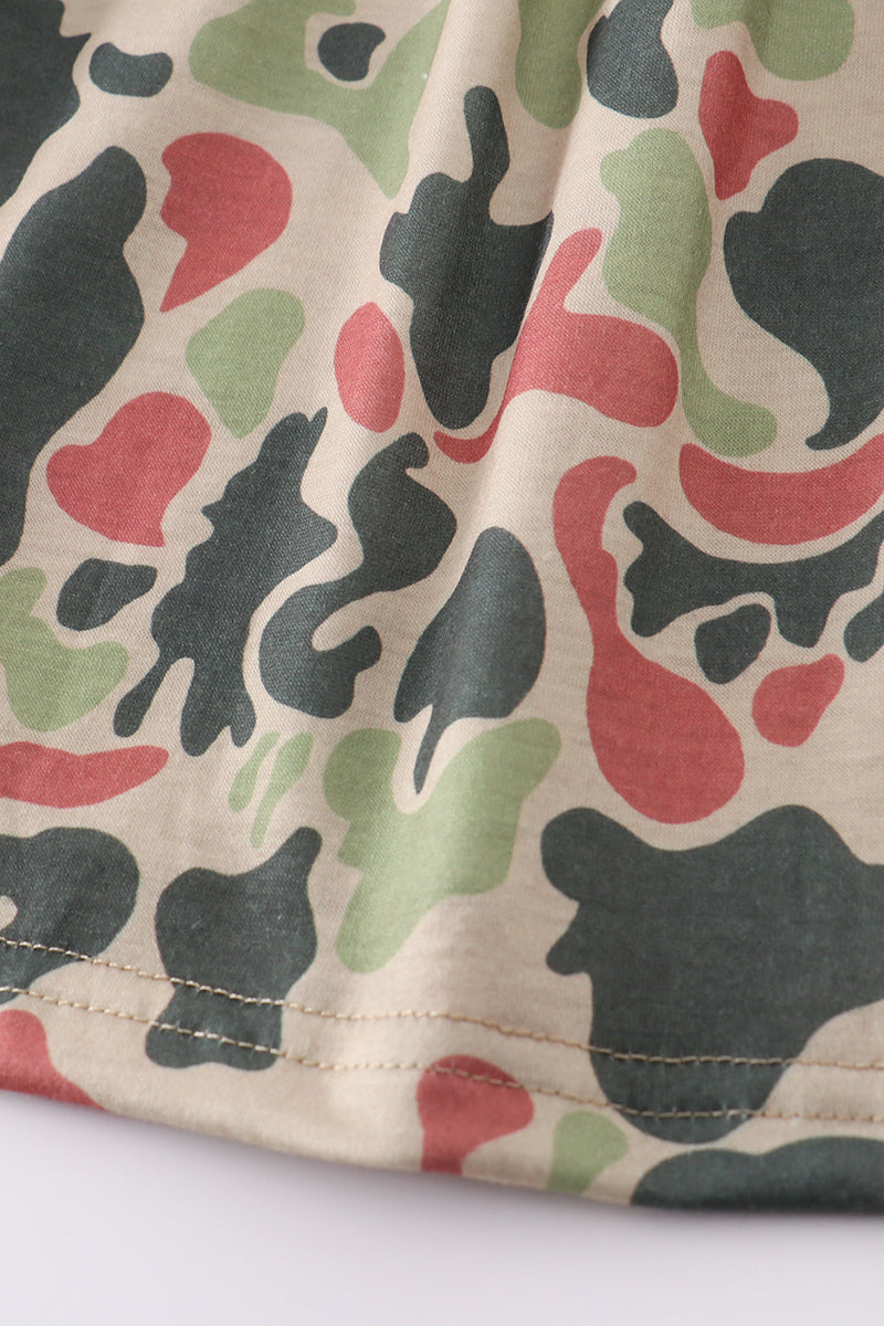Camouflage cross embroidery dress with playful patterns, perfect for adventurous kids.