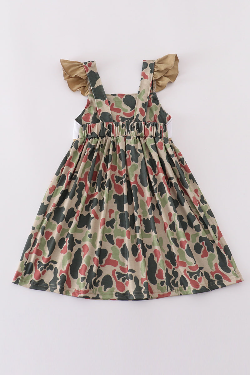 Camouflage cross embroidery dress with playful patterns, perfect for adventurous kids.