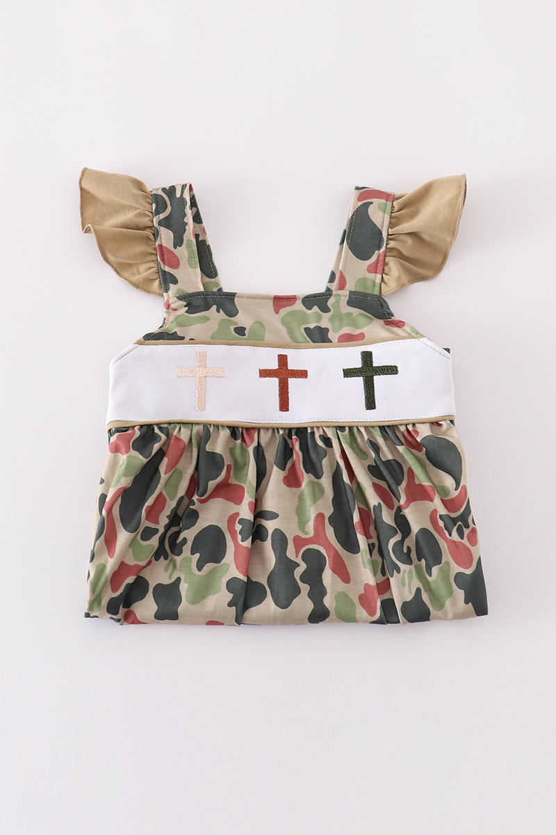 Camouflage cross embroidery dress with playful patterns, perfect for adventurous kids.