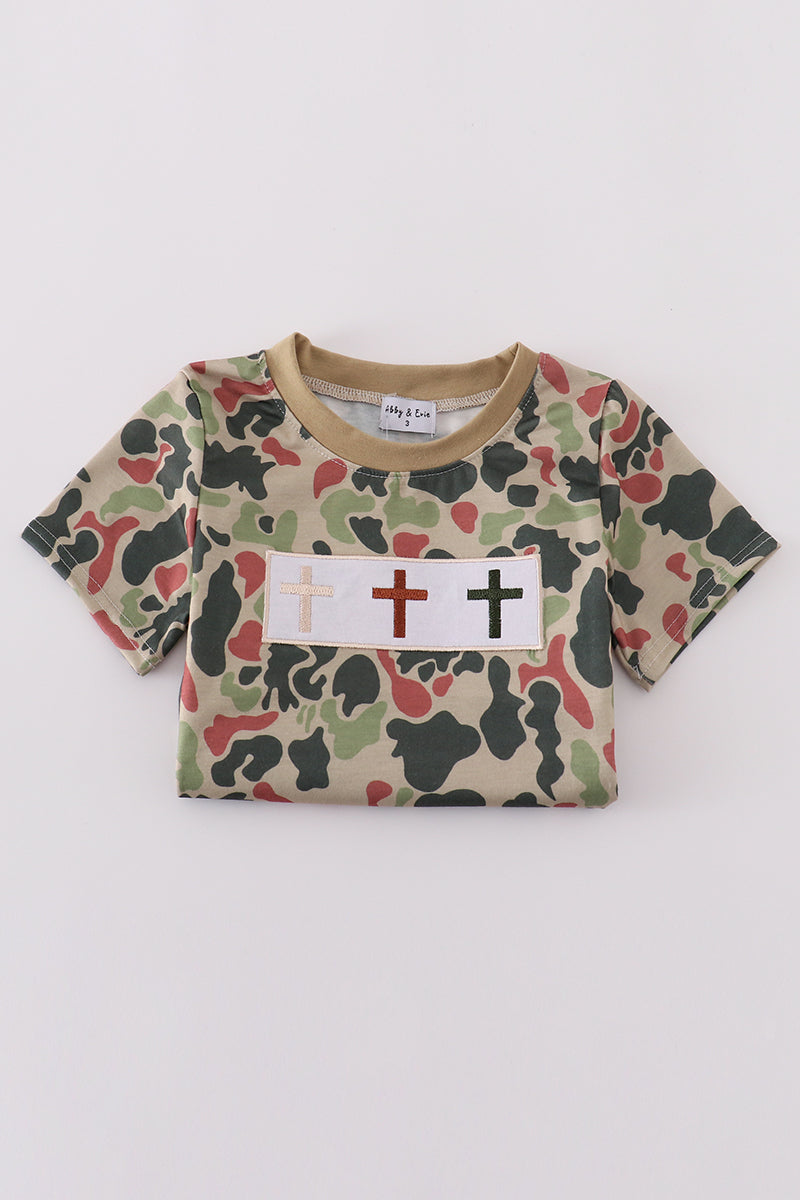 Cozy camouflage top with playful cross embroidery, perfect for adventurous kids.