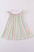 Whimsical striped smocked dress with Dr. Seuss embroidery, perfect for playful adventures.