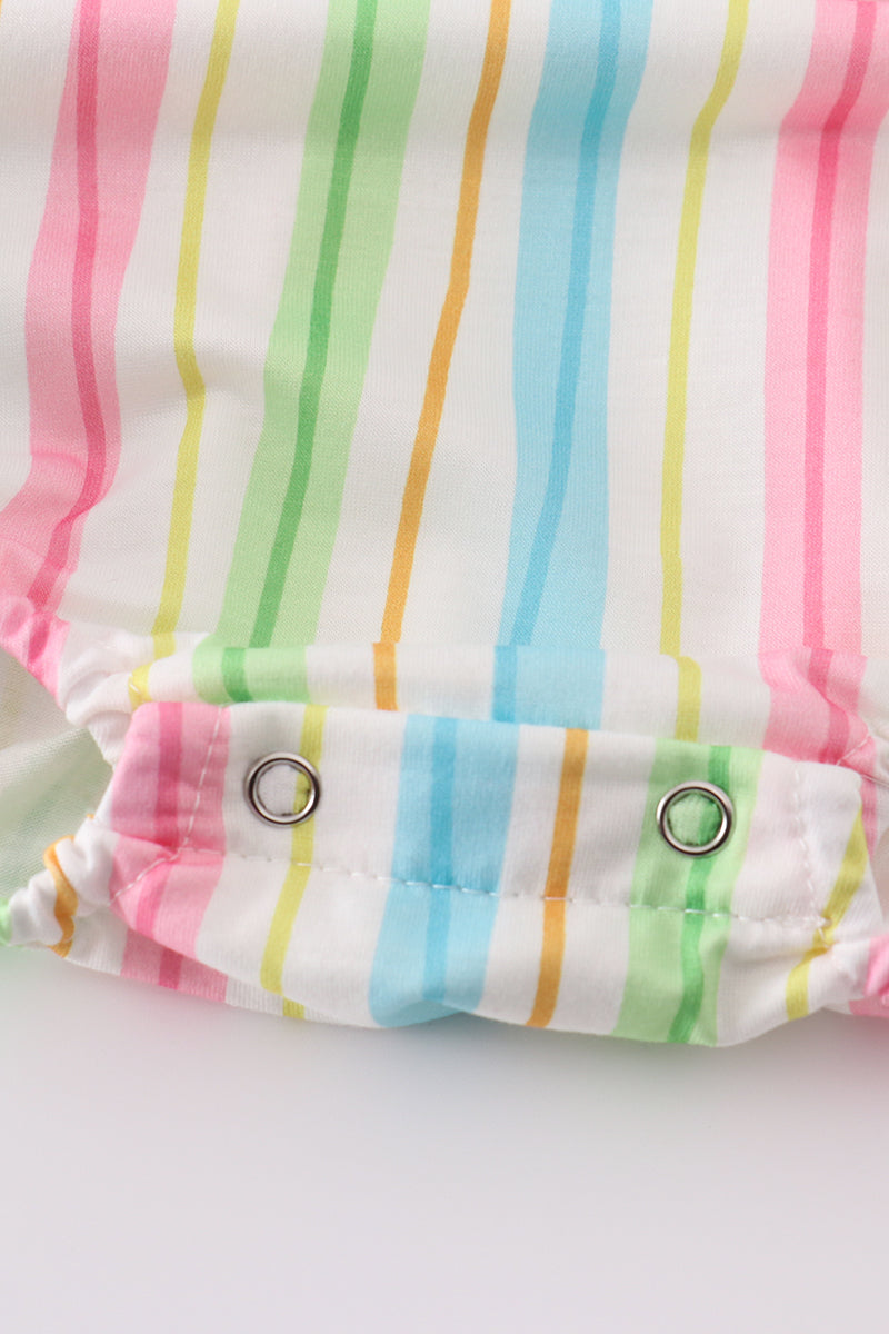 Adorable striped bubble romper with Dr. Seuss embroidery, perfect for playtime.