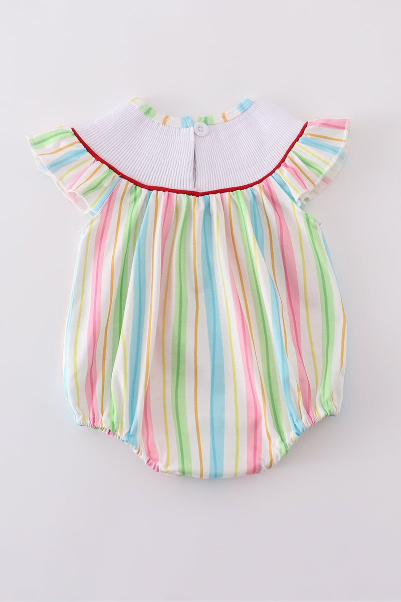 Adorable striped bubble romper with Dr. Seuss embroidery, perfect for playtime.