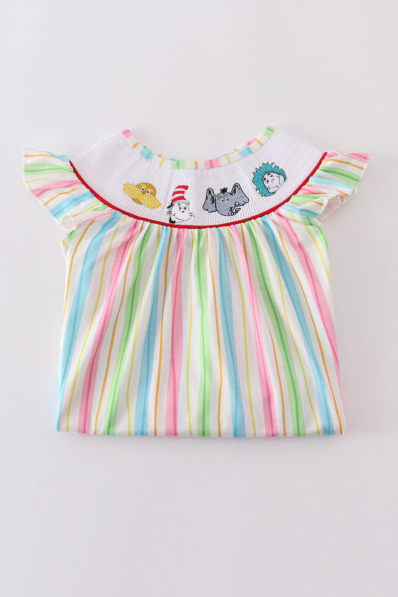 Children's striped smocked set with Dr. Seuss embroidery, perfect for playtime.