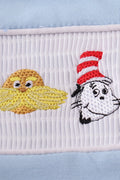 Blue Dr. Seuss smocked top with playful embroidery, perfect for kids.