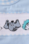 Blue bubble romper with Dr. Seuss embroidery and smocked detailing, perfect for playtime.