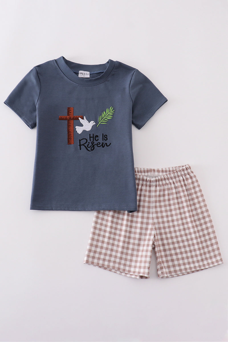 Blue boys' outfit with "He is Risen" embroidery, perfect for Easter celebrations.