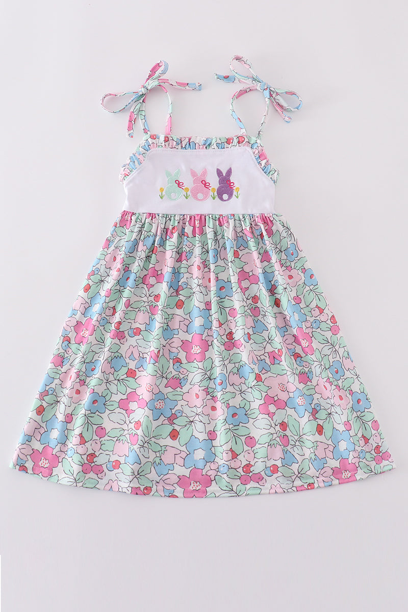 Floral bunny embroidery dress with pastel colors, perfect for spring outings.