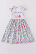 Floral bunny embroidery dress with pastel colors, perfect for spring outings.