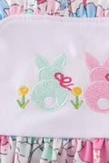 Floral bunny embroidery dress with pastel colors, perfect for spring outings.