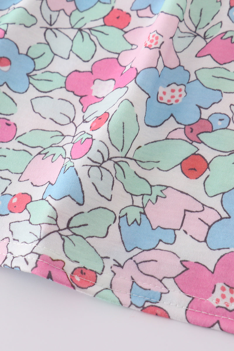 Floral bunny embroidery dress with pastel colors, perfect for spring outings.