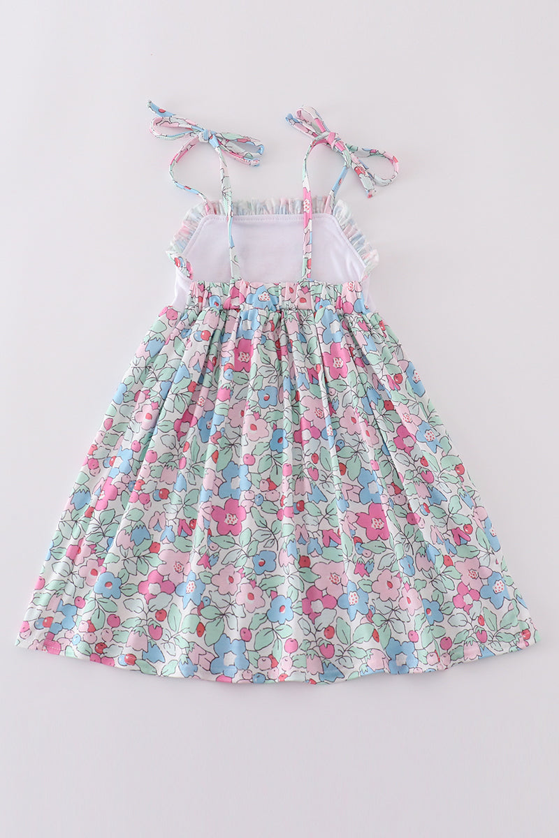 Floral bunny embroidery dress with pastel colors, perfect for spring outings.