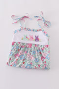 Floral bunny embroidery dress with pastel colors, perfect for spring outings.