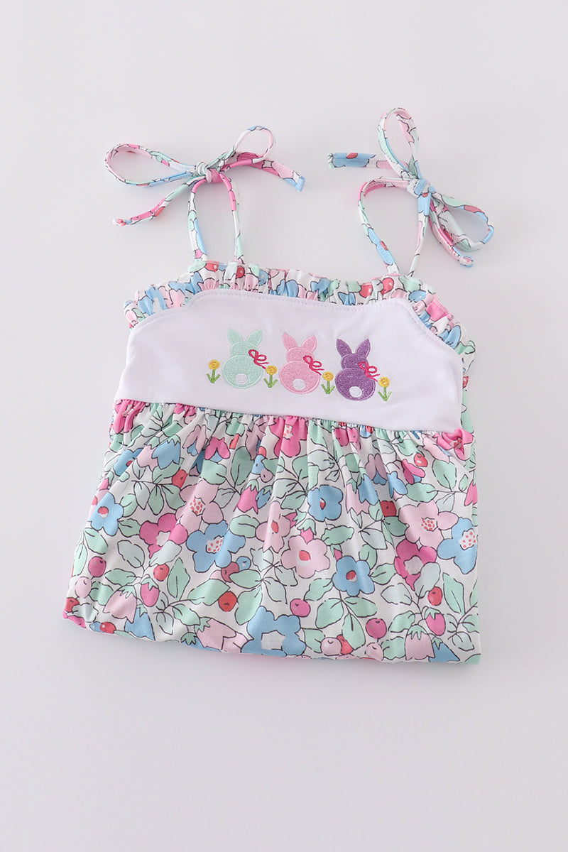 Floral bunny embroidery dress with pastel colors, perfect for spring outings.