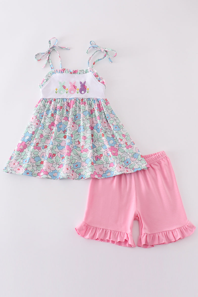 Floral bunny embroidery set: pastel romper with cute bunny and flower design.