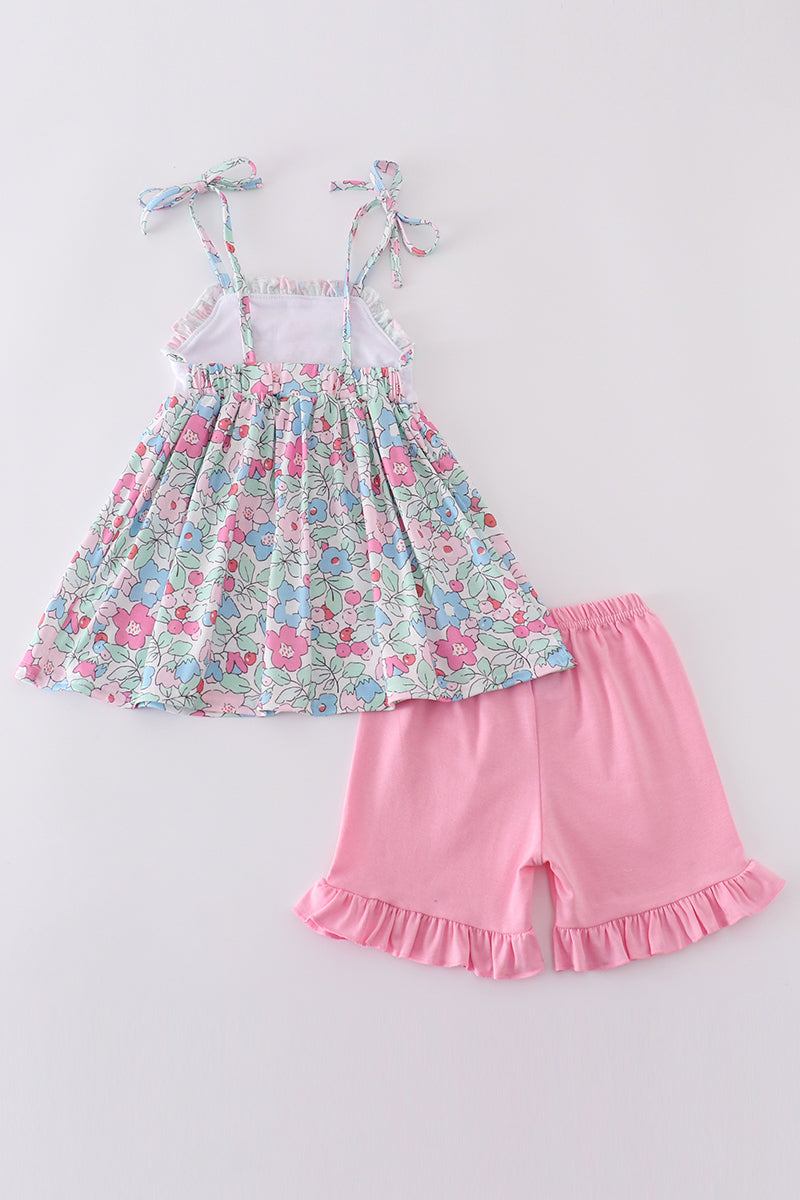 Floral bunny embroidery set: pastel romper with cute bunny and flower design.