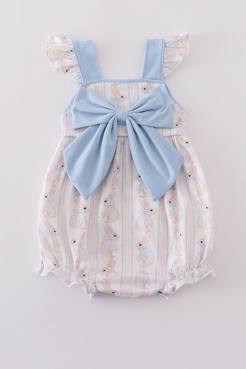 Adorable blue bubble romper with bunny and bow print for girls.