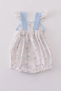 Adorable blue bubble romper with bunny and bow print for girls.
