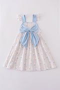 Adorable blue dress with bunny print and a charming bow, perfect for spring.