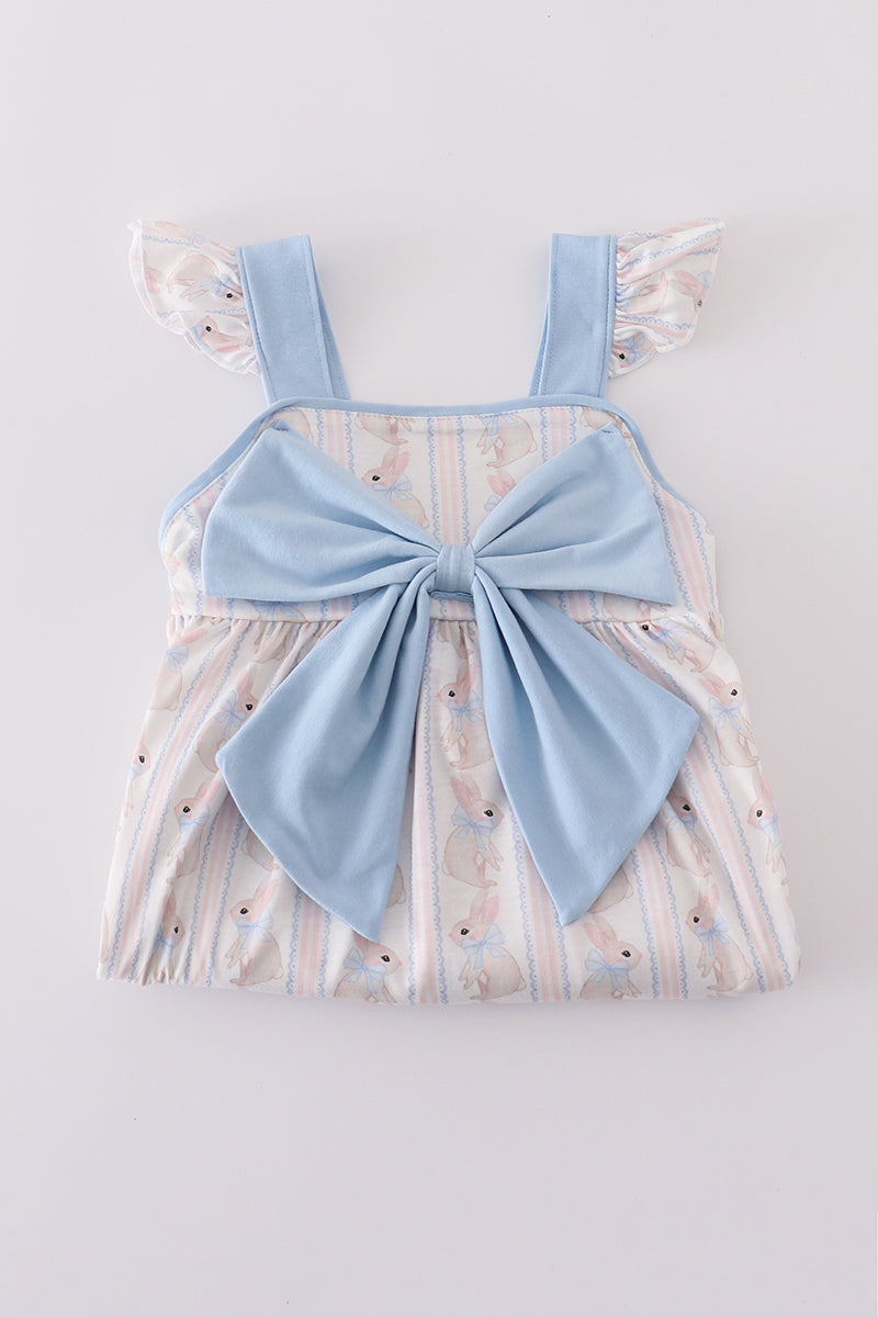 Adorable blue dress with bunny print and a charming bow, perfect for spring.