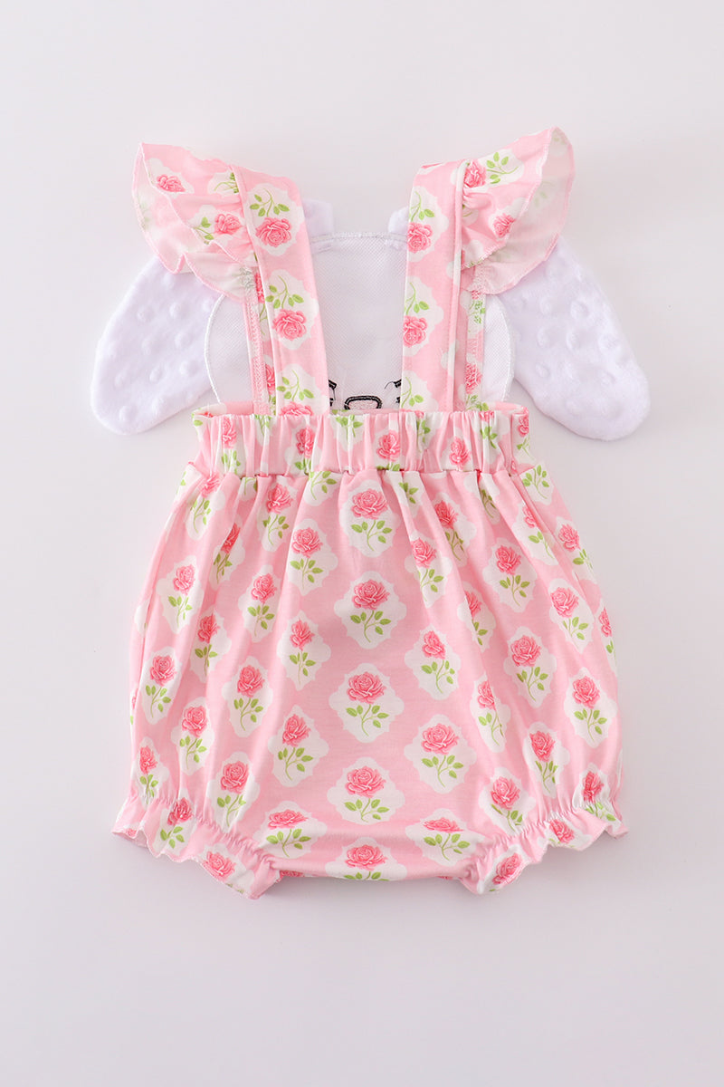 Pink floral bunny applique bubble romper with ruffled sleeves, perfect for spring.
