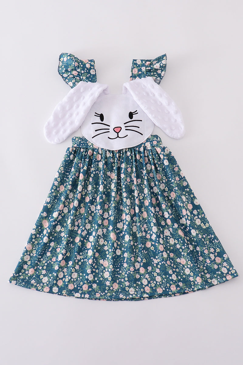 Green floral dress with a cute bunny applique, perfect for spring outings.