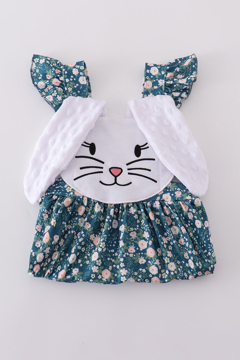Green floral dress with a cute bunny applique, perfect for spring outings.