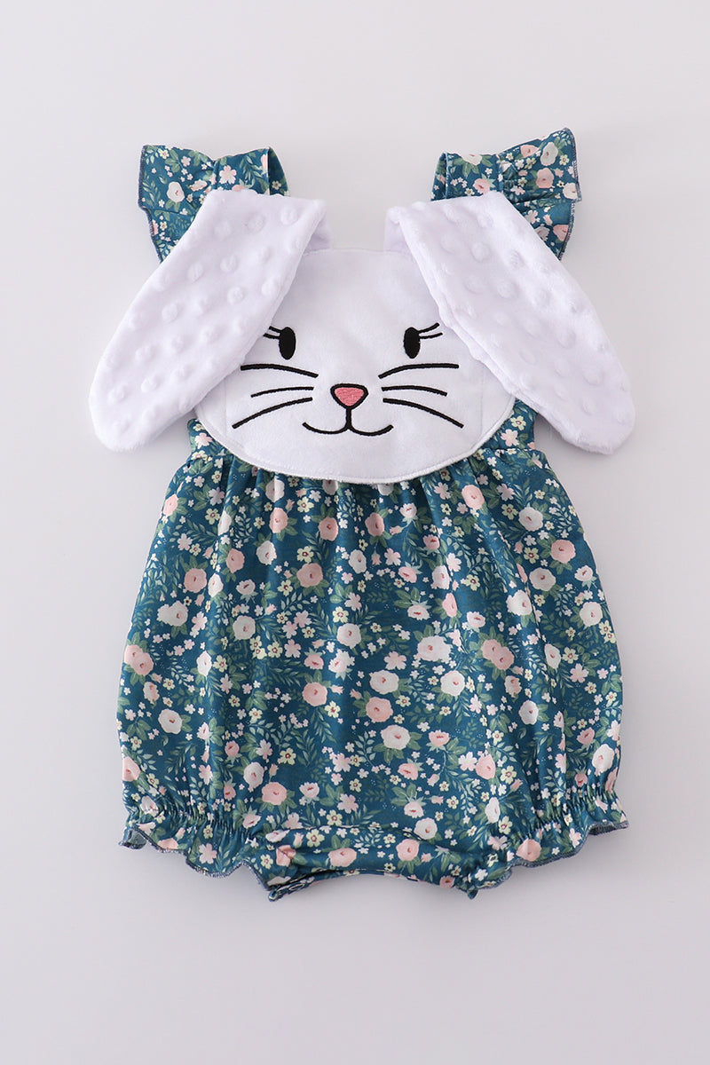 Green floral bunny applique bubble romper with ruffled sleeves, perfect for spring playtime.