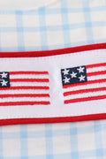 Blue jonjon with charming flag embroidery, perfect for playful summer adventures.