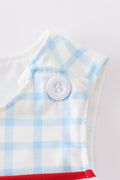 Blue jonjon with charming flag embroidery, perfect for playful summer adventures.