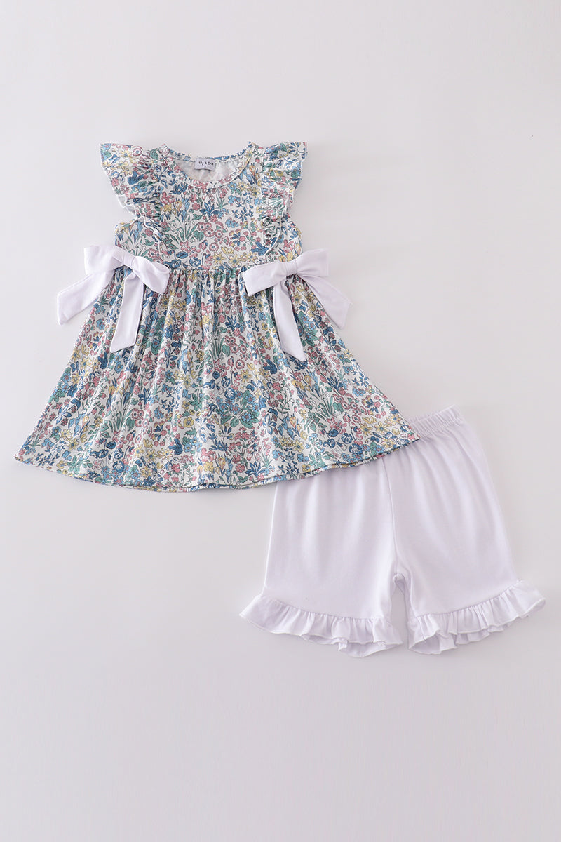 Vintage meadow print bow shorts set with floral pattern, perfect for playful summer days.