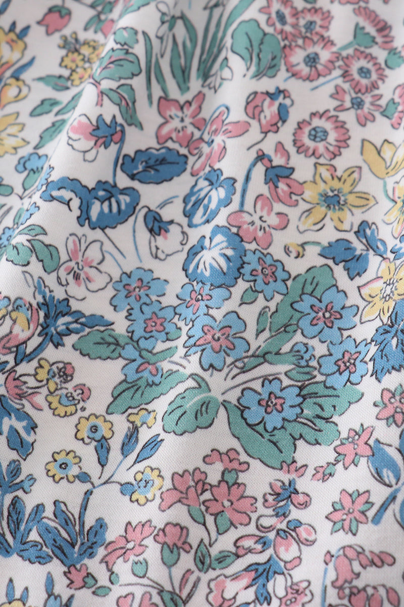 Vintage meadow print bow shorts set with floral pattern, perfect for playful summer days.
