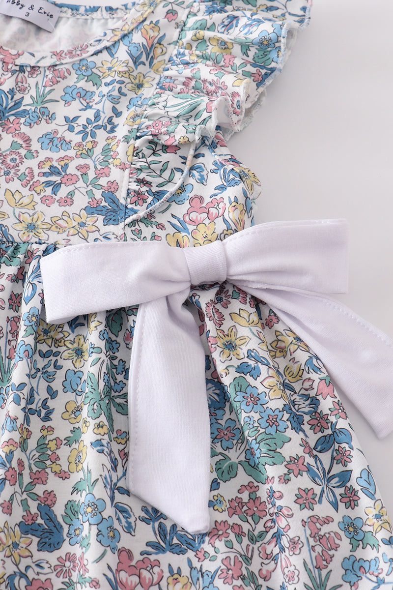 Vintage meadow print bow shorts set with floral pattern, perfect for playful summer days.