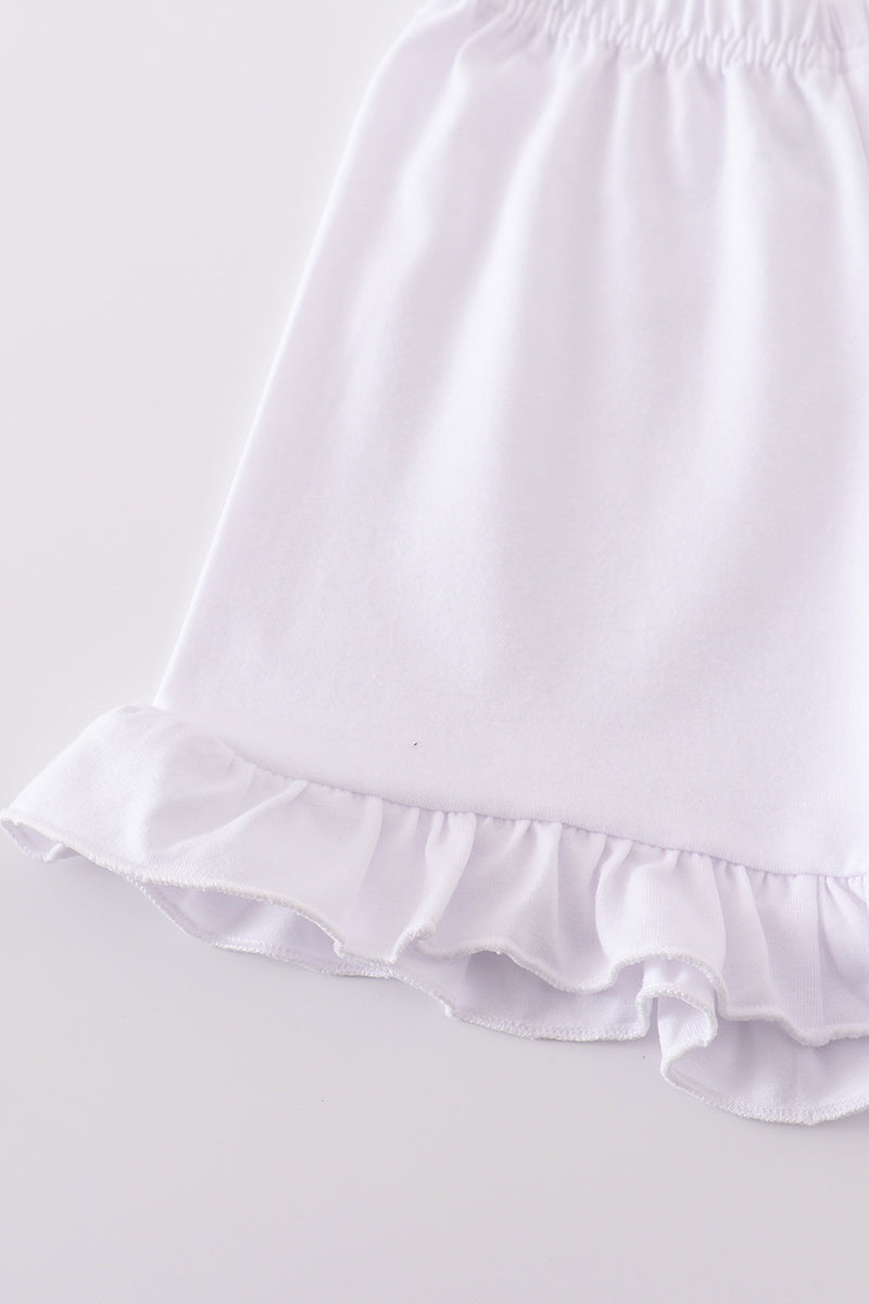 Vintage meadow print bow shorts set with floral pattern, perfect for playful summer days.
