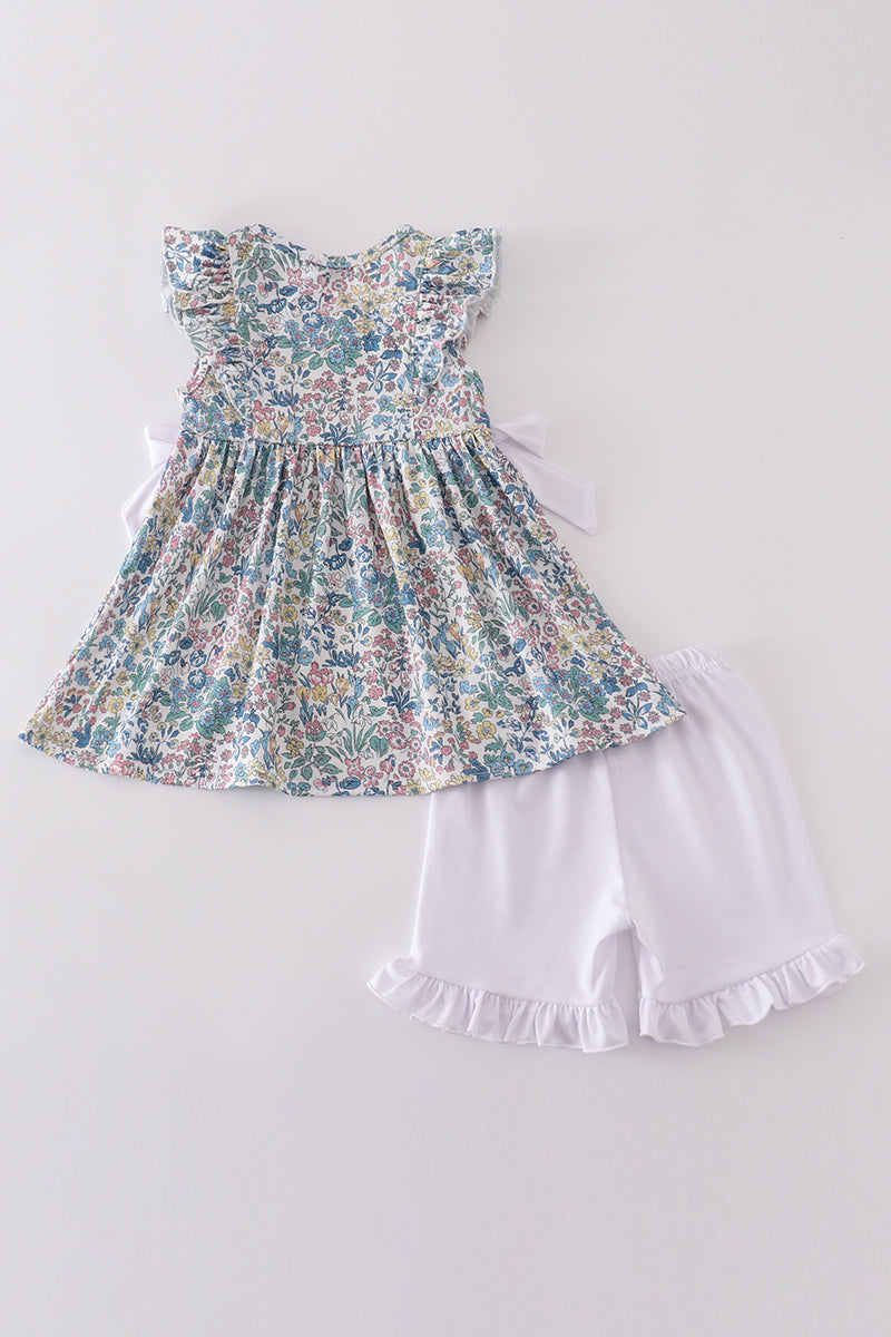 Vintage meadow print bow shorts set with floral pattern, perfect for playful summer days.