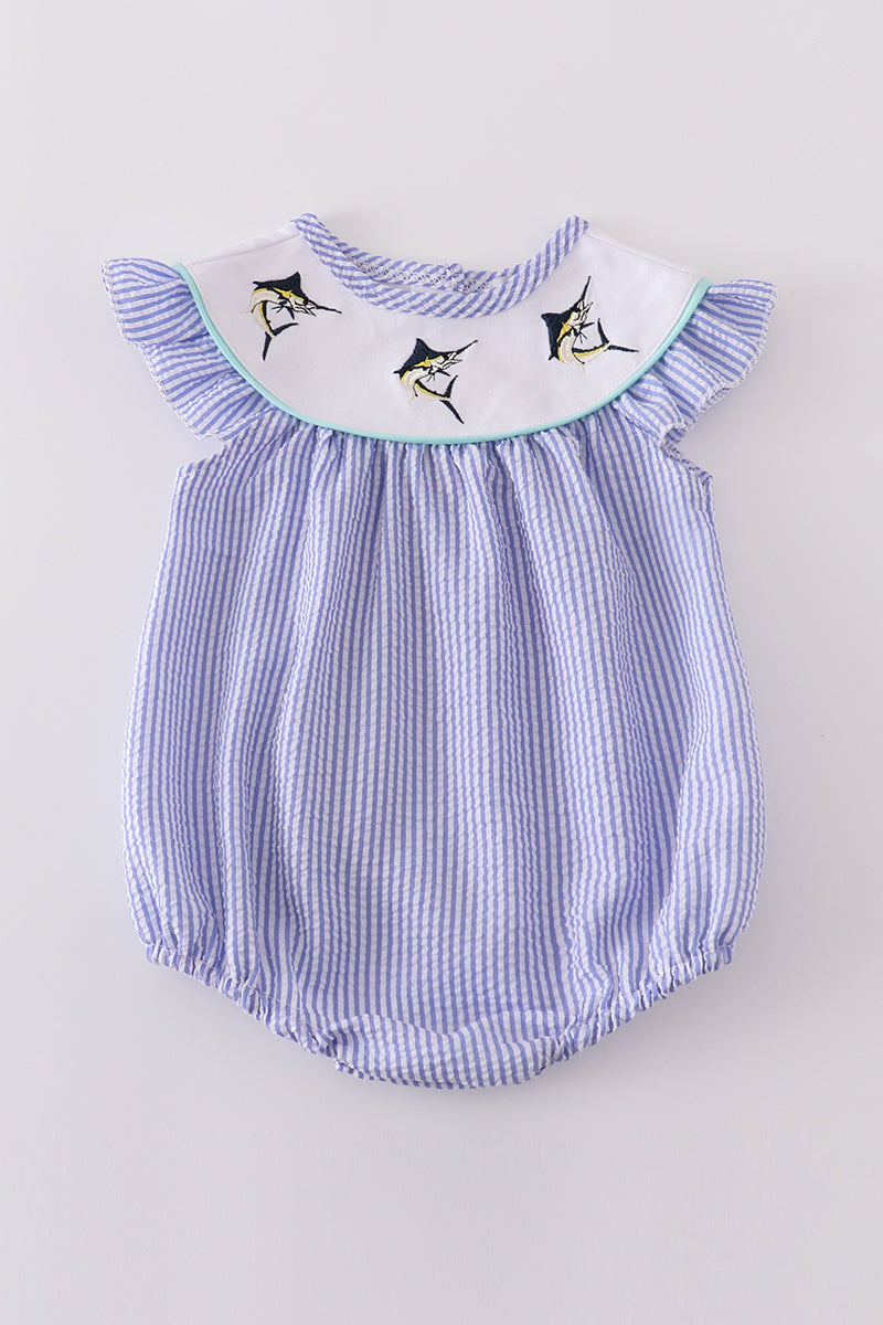 Blue stripe seersucker bubble with cute swordfish embroidery, perfect for summer fun.
