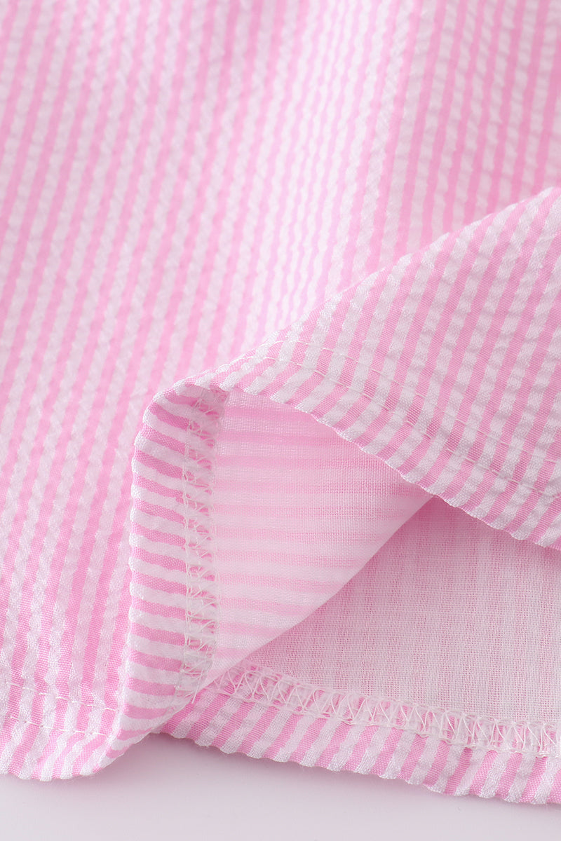 Pink seersucker top and shorts with cute animal embroidery, perfect for summer.