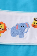 Blue seersucker set with playful animal embroidery, perfect for kids' summer adventures.