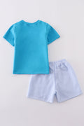 Blue seersucker set with playful animal embroidery, perfect for kids' summer adventures.
