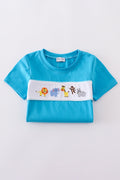 Blue seersucker set with playful animal embroidery, perfect for kids' summer adventures.