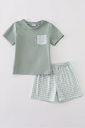 Green gingham shorts set for boys, perfect for playful summer days.