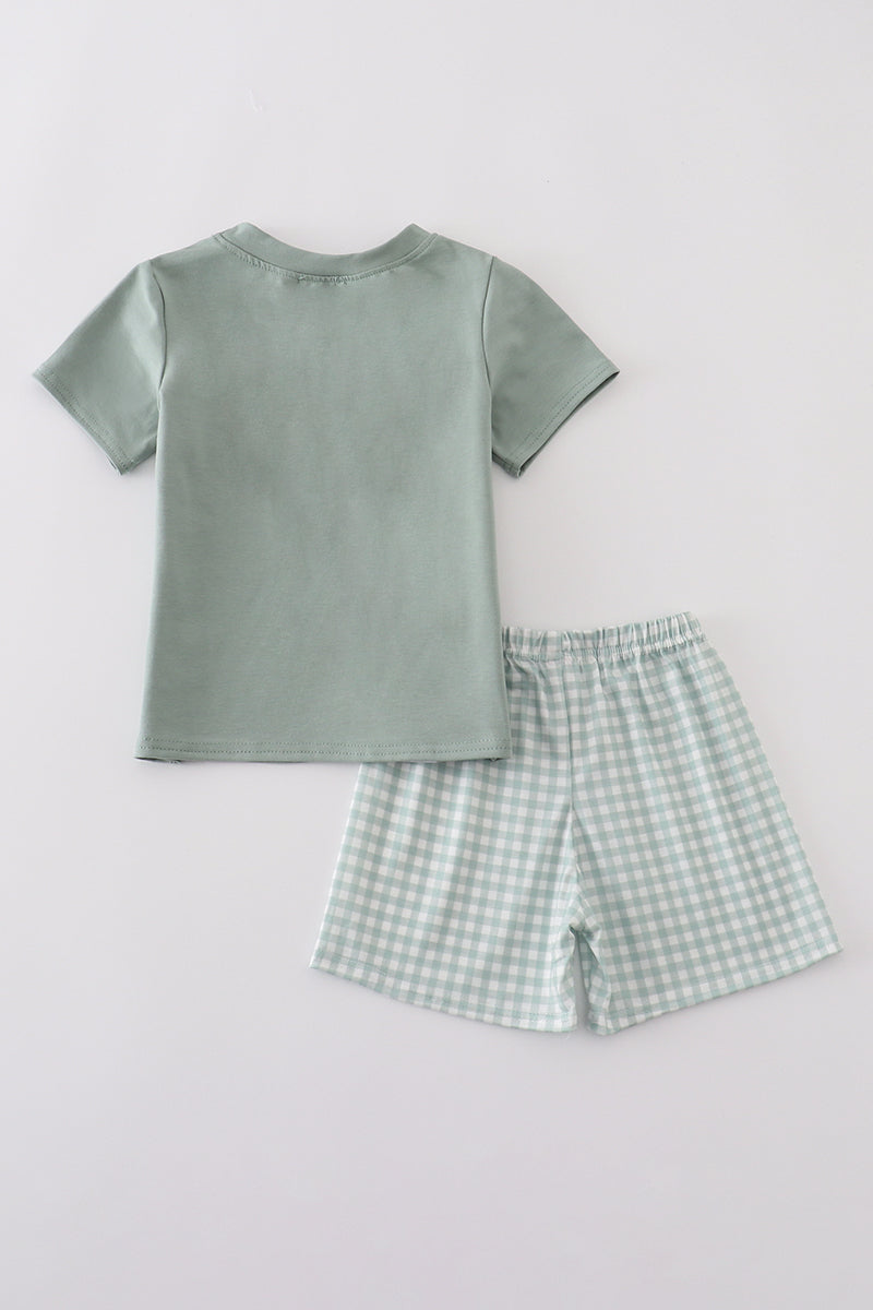 Green gingham shorts set for boys, perfect for playful summer days.