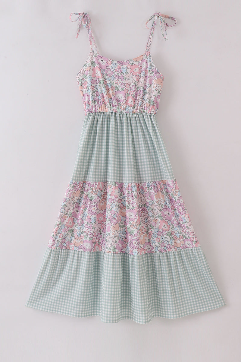 Matching Garden gingham tiered dresses for mom and daughter, perfect for spring outings.