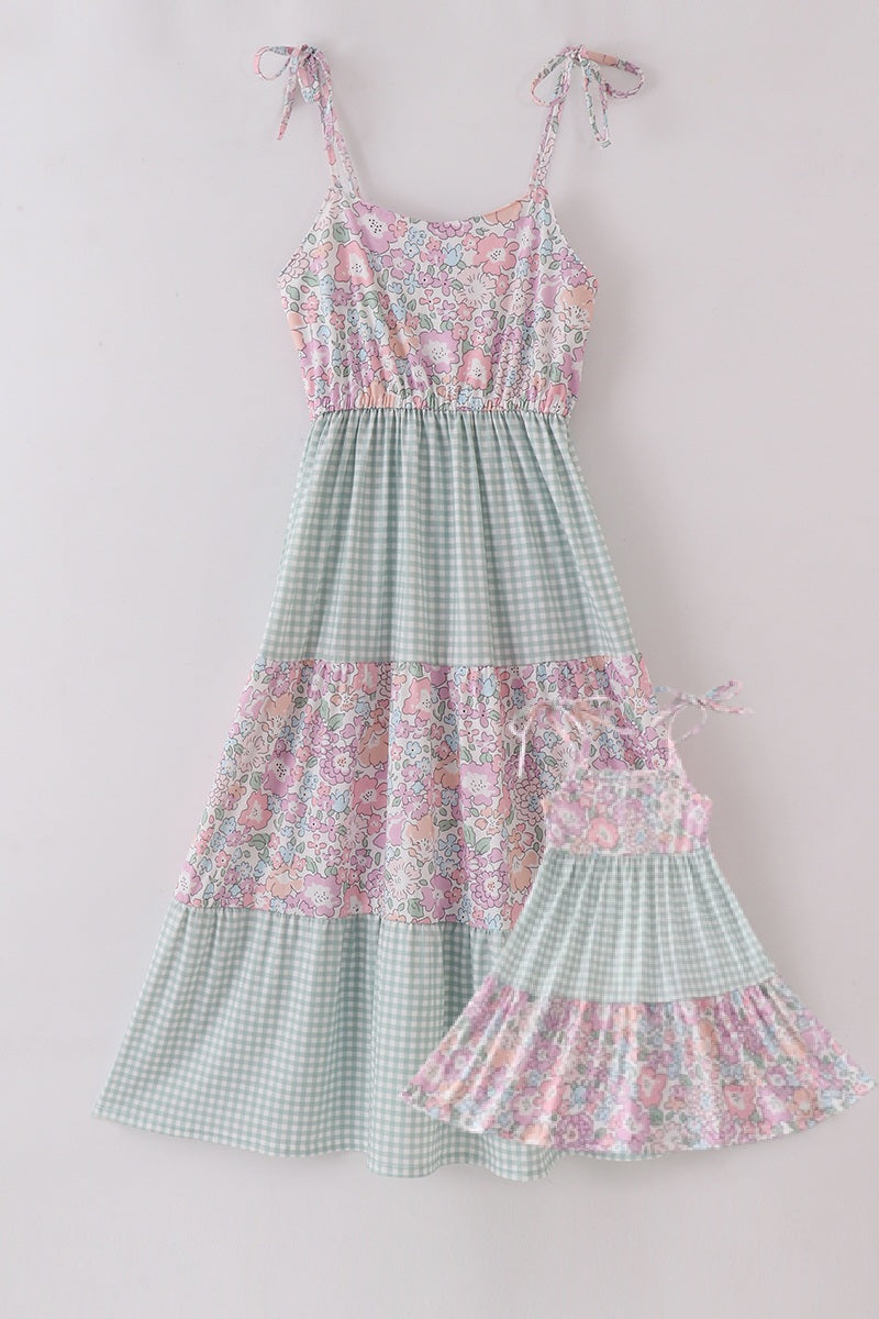 Matching Garden gingham tiered dresses for mom and daughter, perfect for spring outings.