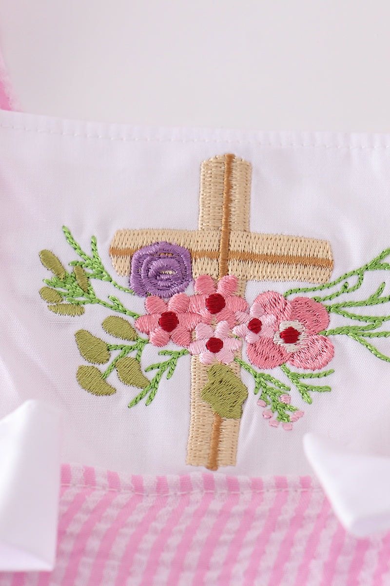 Pink seersucker bloomer set with cross floral embroidery, perfect for spring outings.